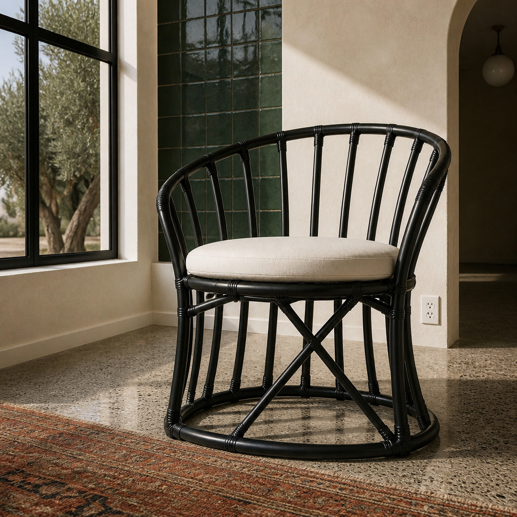 Black rattan chair showing the flared footed base ring and diagonal cross brace
