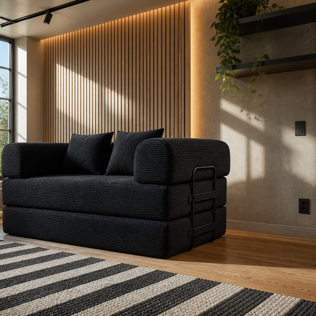 Low three quarter view of the black corduroy folding sleeper loveseat on a striped flat weave rug