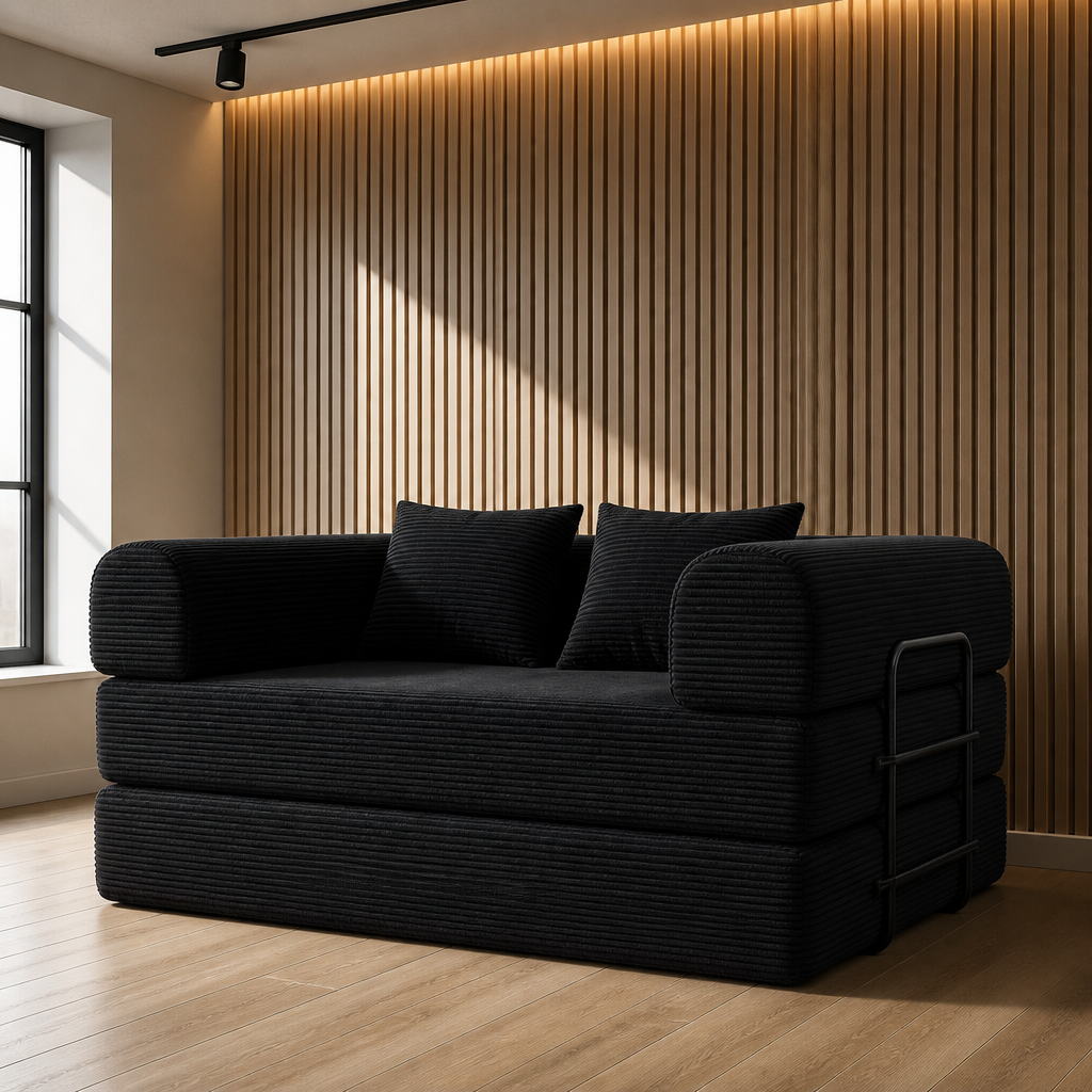 Black wide-wale corduroy folding sleeper loveseat seen from a low three quarter angle
