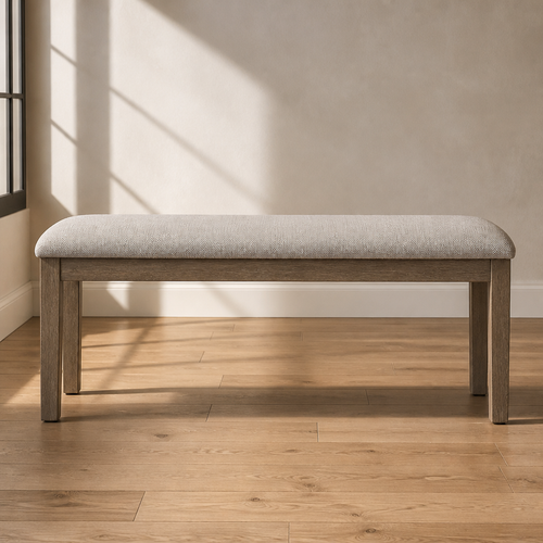 Blair traditional solid wood dining bench, 48 inch weathered grey-brown frame with oatmeal upholstered seat