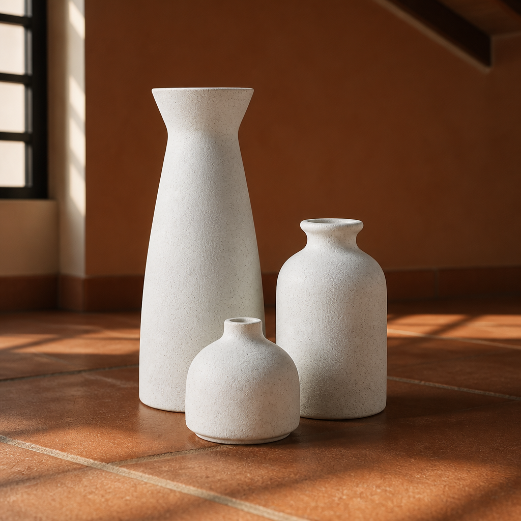 White colourway, set of three speckled matte ceramic bottle vases