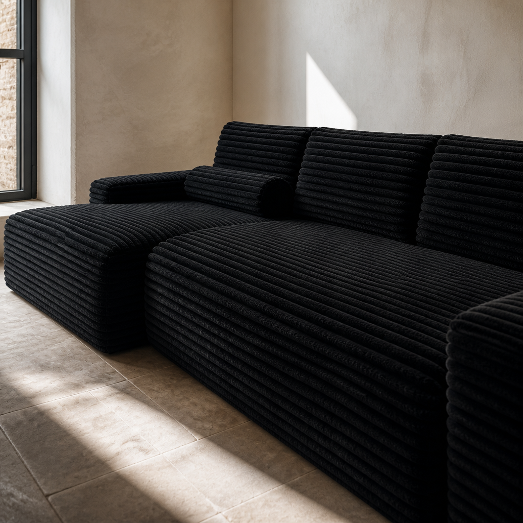 Macro of the 2.5cm wide wale black corduroy on the continuous seat slab