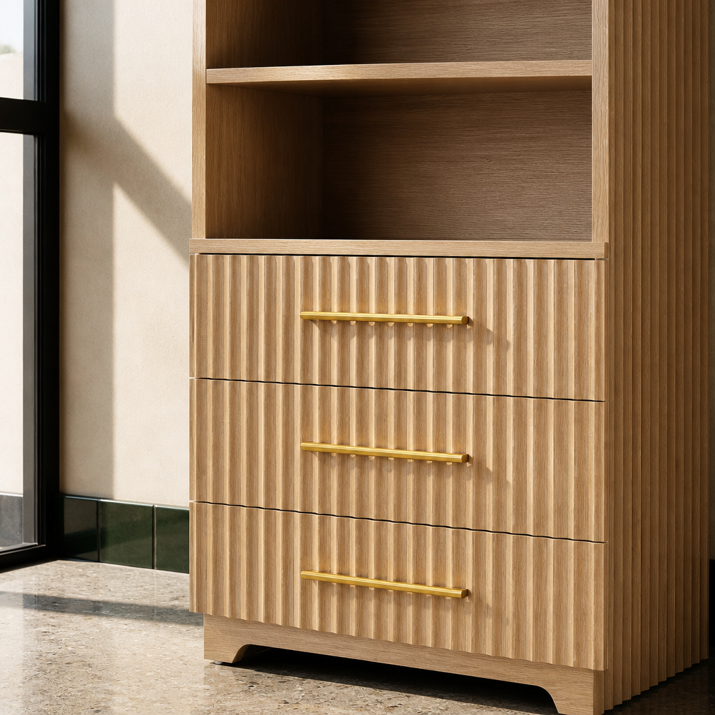 Macro of the vertical fluting and brushed brass bar pull on the oak bookcase drawer front