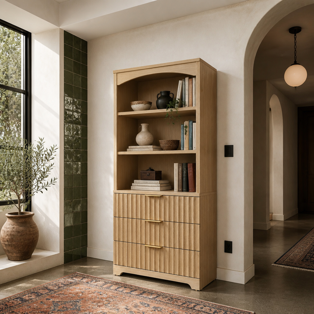 Light oak fluted bookcase in a lime plaster room with polished concrete and a green zellige accent