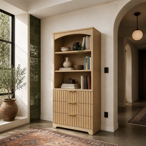Light oak fluted bookcase in a lime plaster room with polished concrete and a green zellige accent