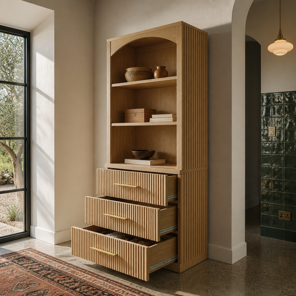 The three easy-glide drawers of the oak bookcase pulled open to staggered depths