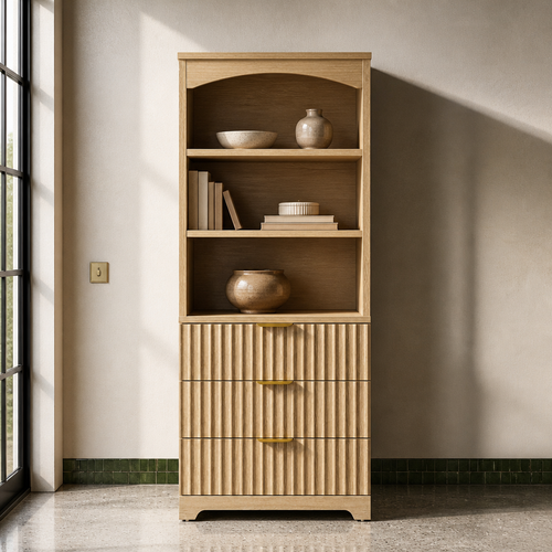 Tall light oak fluted bookcase with arched top, three shelves and three brass-pull drawers, 63.3 inches tall