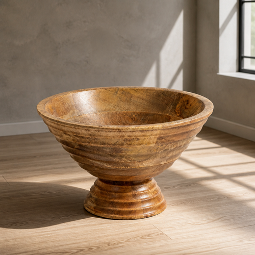 Boho brown decorative bowl, 9.75 inch turned mango wood bowl on a stepped pedestal foot