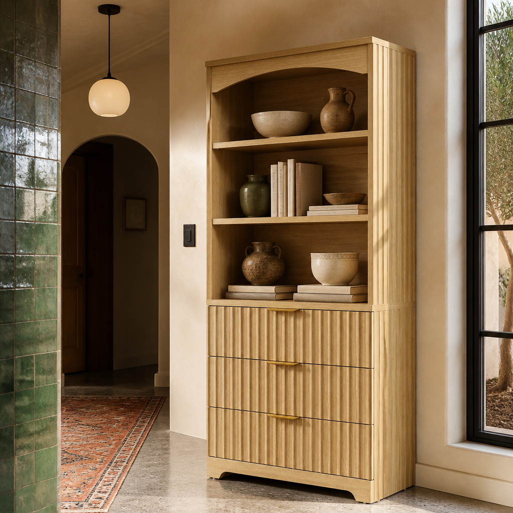 Three quarter view of the light oak fluted bookcase beside an arched opening