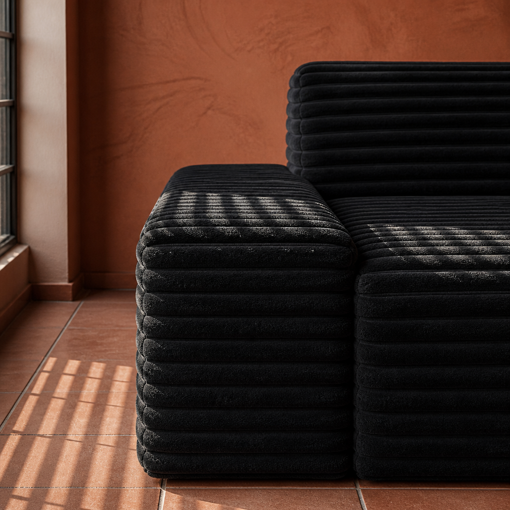 Macro of the jumbo wale black corduroy and the rounded edge of the extra wide armrest