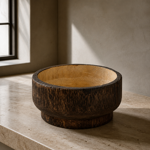 Turned dark wood decorative bowl with pale sapwood interior
