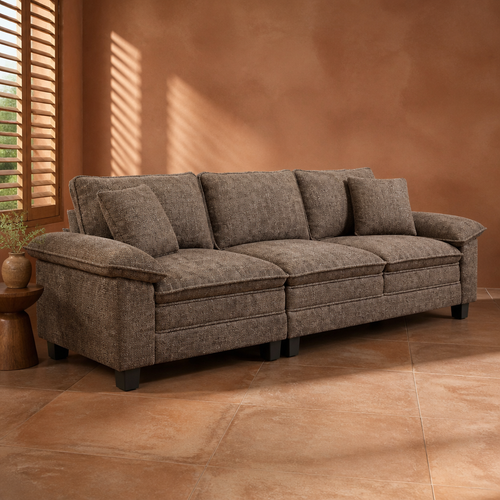 Brown chenille three seat sofa with wide pillow-top arms