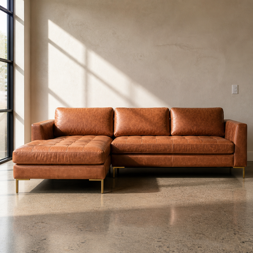 Cognac leather left facing sectional sofa with brass legs in a bone lime plaster room