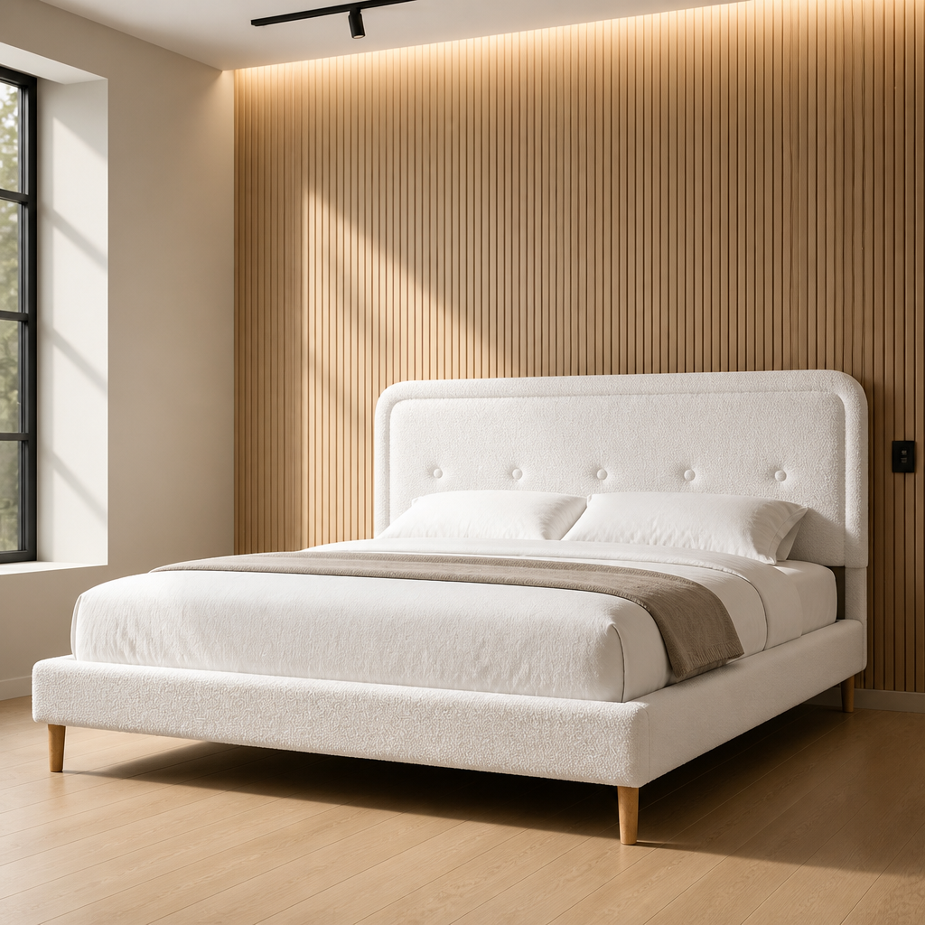 White boucle king platform bed with curved button tufted headboard against a backlit oak slat wall