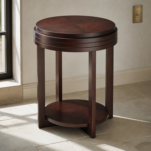 Round chocolate cherry side table with diamond veneer top, close portrait against a lime wash wall