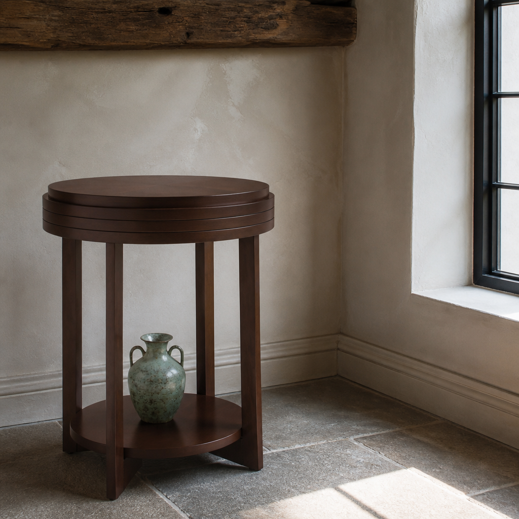 Low three quarter view of the round side table showing the tapered legs and lower shelf