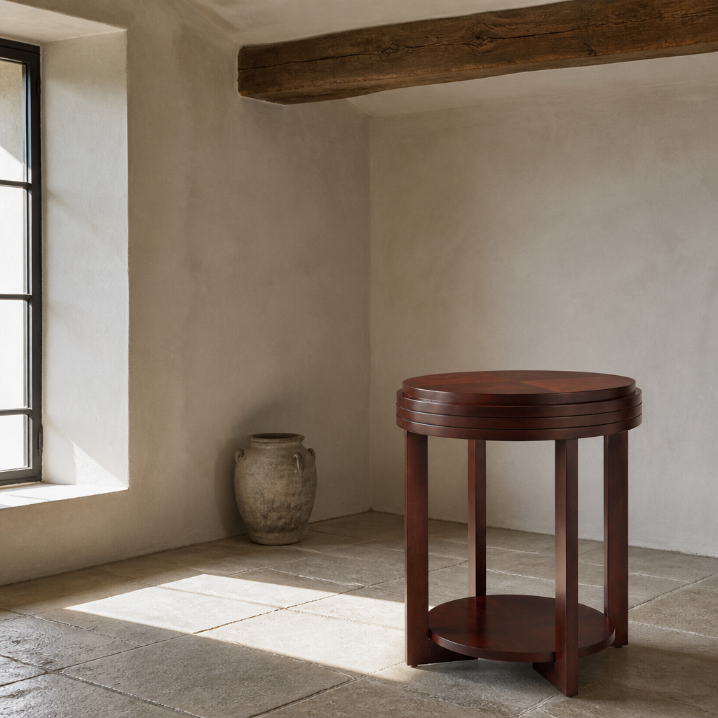 Chocolate cherry round side table in a limestone floored room with an exposed beam
