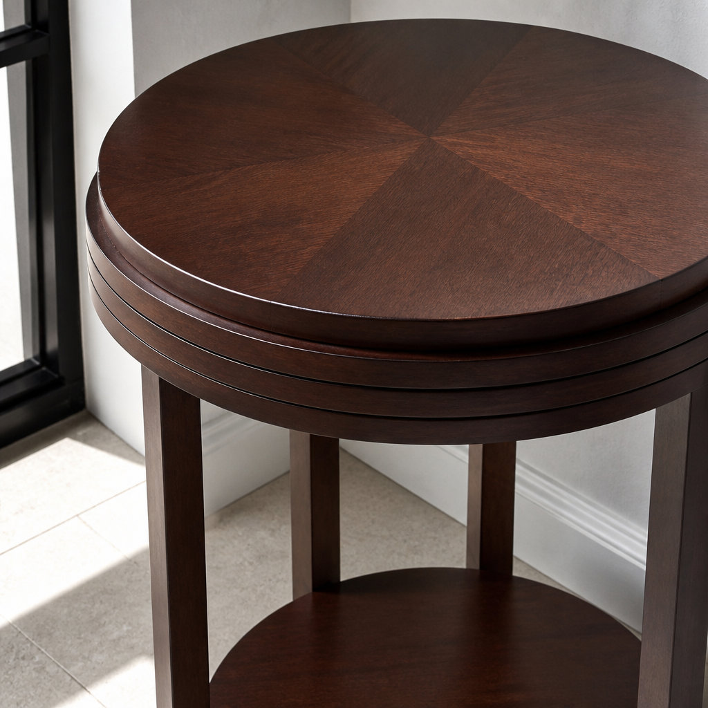 Close detail of the diamond matched veneer top and grooved edge band of the side table