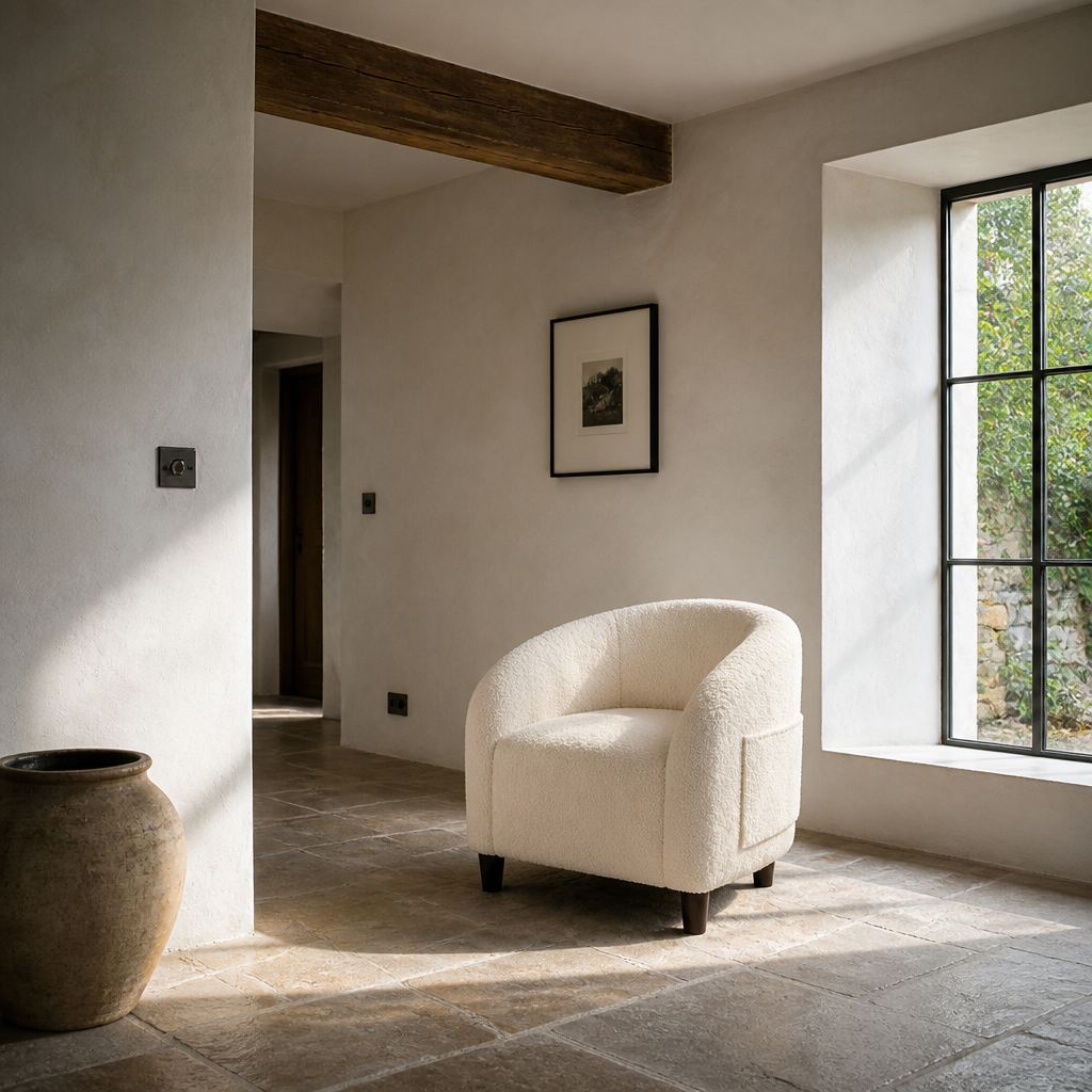 Cream boucle barrel accent chair in a chalk white room with limestone flag floor, wide view