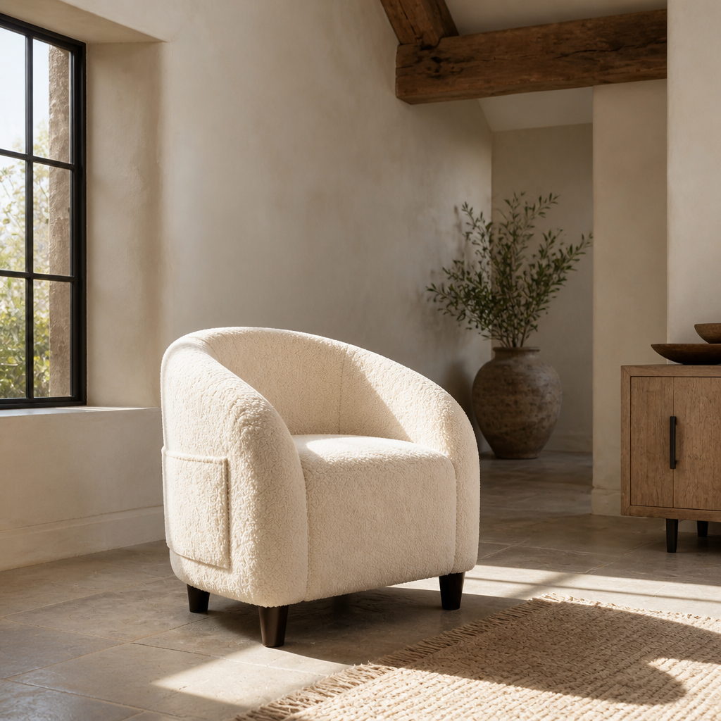 Cream boucle barrel accent chair from the opposite side showing the outer arm and side pocket