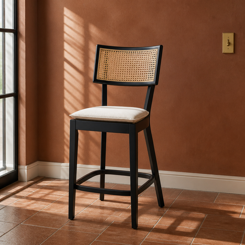 Caledonia black elm and rattan cane counter stool with cream linen cushion, terracotta interior