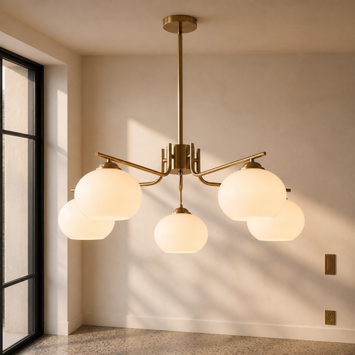 Five light brushed brass chandelier with opal glass shades, close portrait against lime plaster