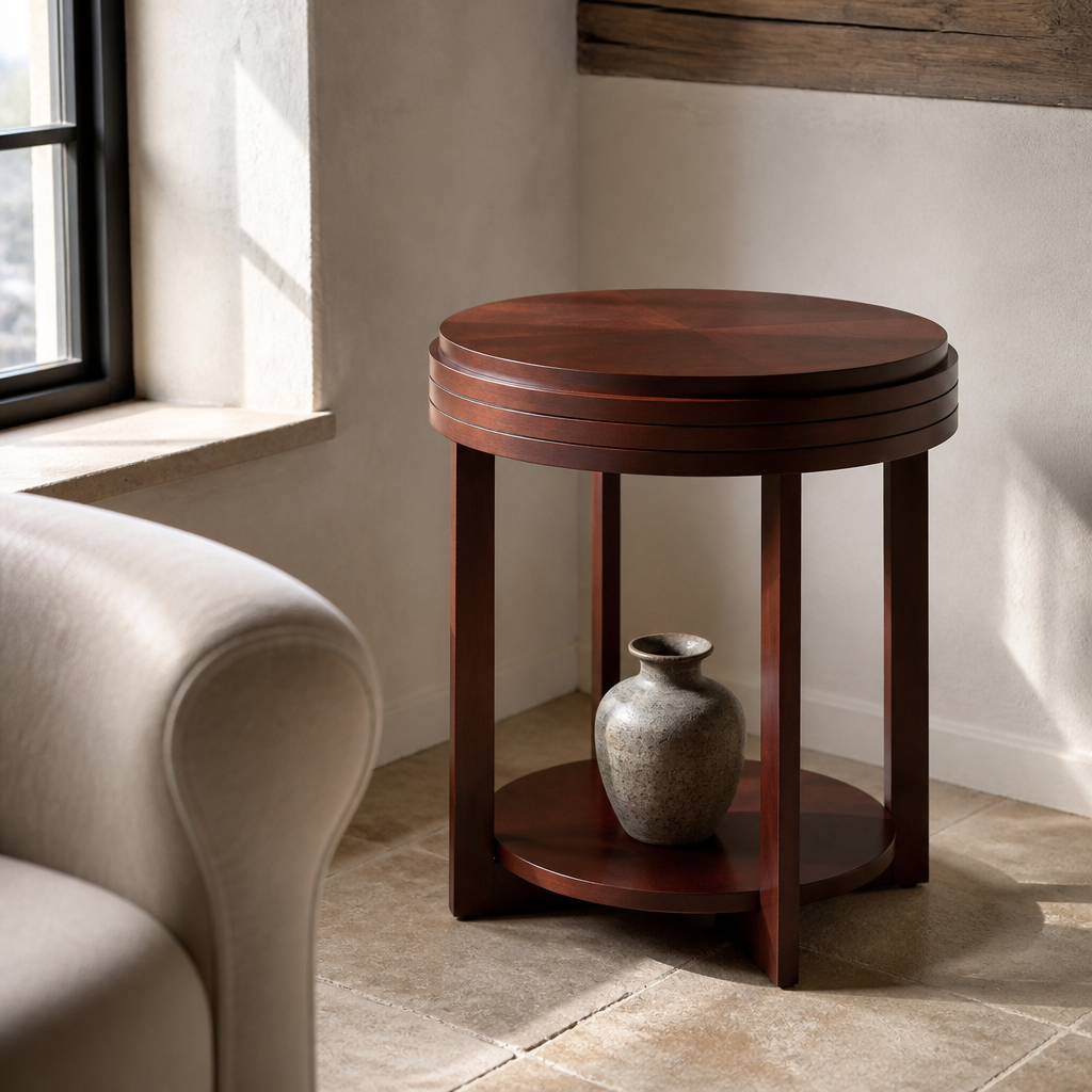 Round side table styled beside a linen chair with a stoneware vessel on the lower shelf