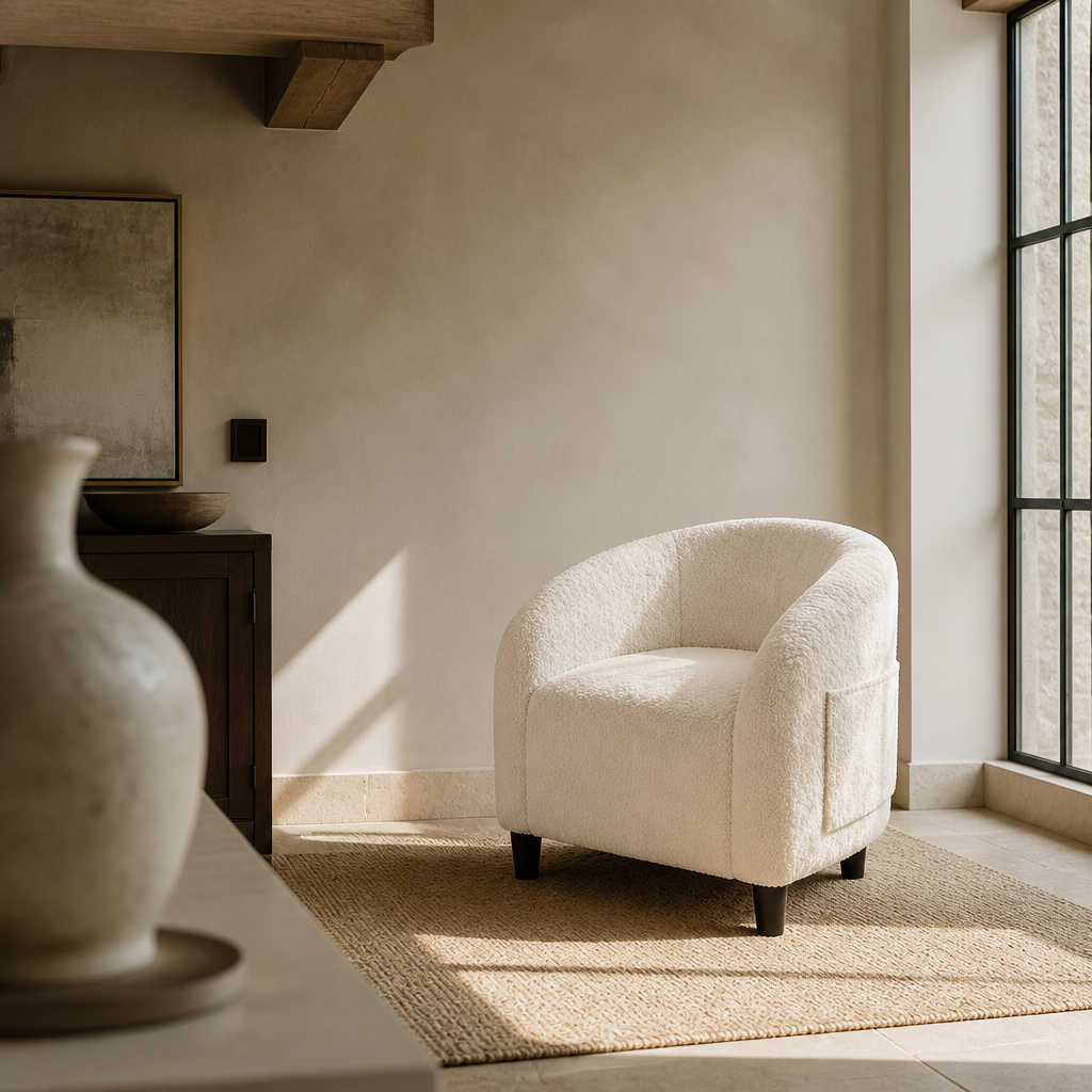 Cream boucle barrel accent chair styled in a limestone room, framed past a stoneware vessel