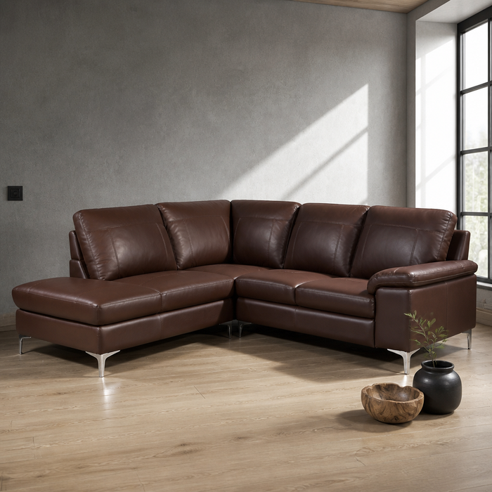 Brown top grain leather sectional sofa with left chaise and chrome legs
