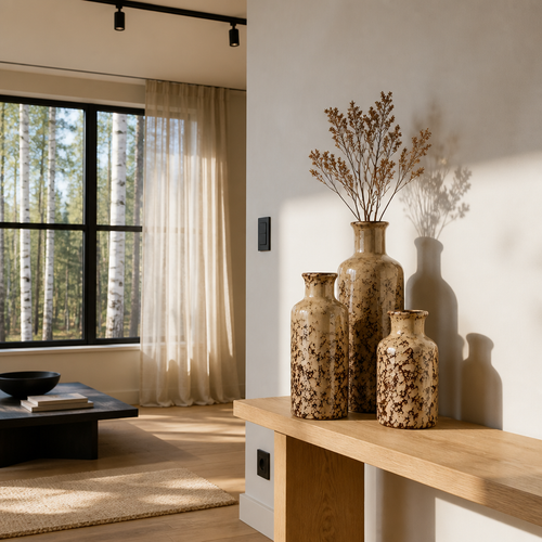 Three ceramic bottle vases holding dried stems on an oak console
