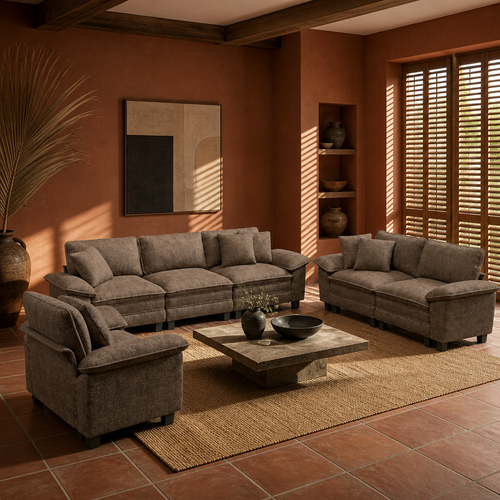 Brown chenille sofa, loveseat and armchair set in a terracotta living room