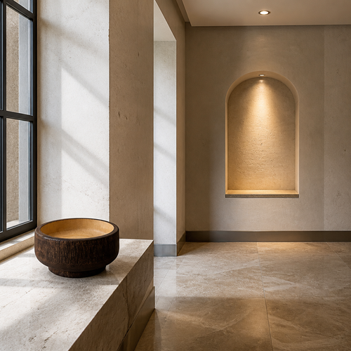 Wooden decorative bowl on a travertine console in a deep window reveal
