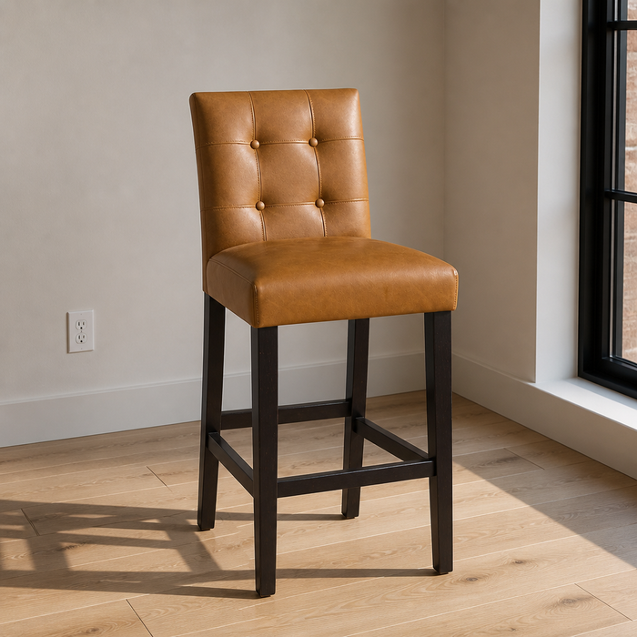 Caramel tan vegan leather button tufted bar stool with espresso legs, close portrait