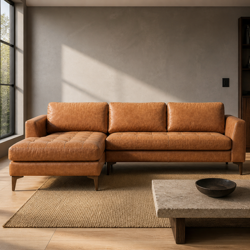 Calle tan leather left-facing sectional sofa with walnut legs