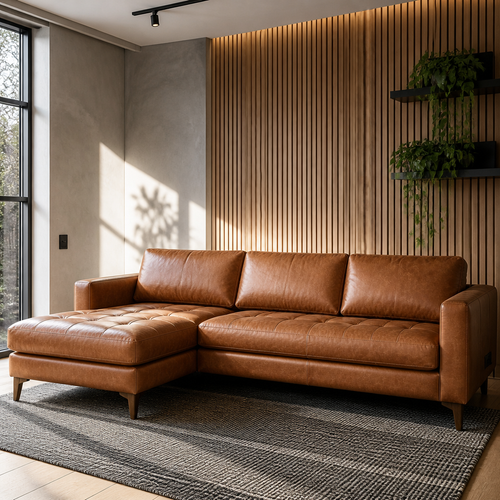 Calle leather sectional in an oak slat and microcement living room