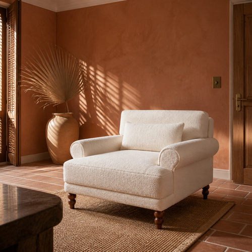 Boucle white accent chair angled in a terracotta tiled room with jute rug and dried palm