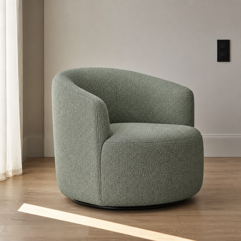 Sage green boucle swivel barrel chair, close front three-quarter portrait in a white plaster room