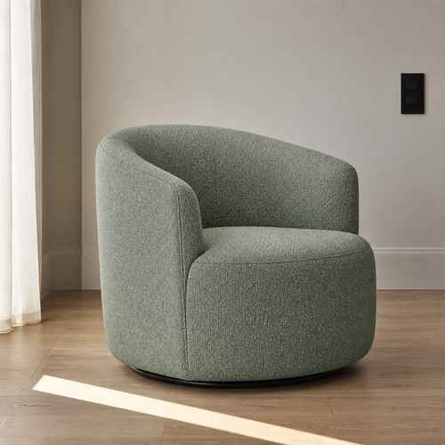 Sage green boucle swivel barrel chair, close front three-quarter portrait in a white plaster room