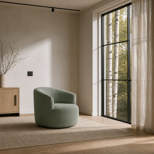 Sage green boucle swivel barrel chair in a nordic oak living room, wide view