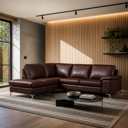 Leather sectional sofa in a modern room with an oak slat wall