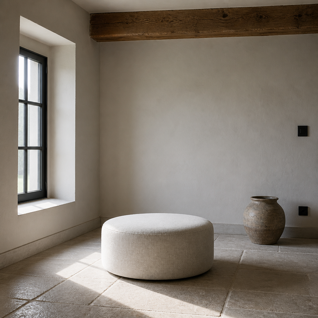 Callum fabric ottoman used as a low table in a chalk and limestone room