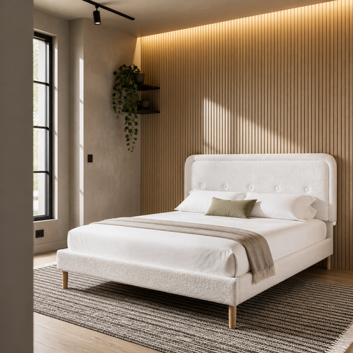 White boucle platform bed in a slat and microcement bedroom with striped flat weave rug