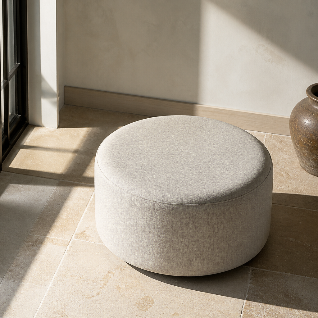 Overhead view of the Callum round ivory ottoman on a limestone floor