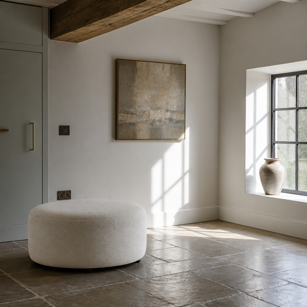 Callum round ottoman in a lime wash room with exposed timber beam