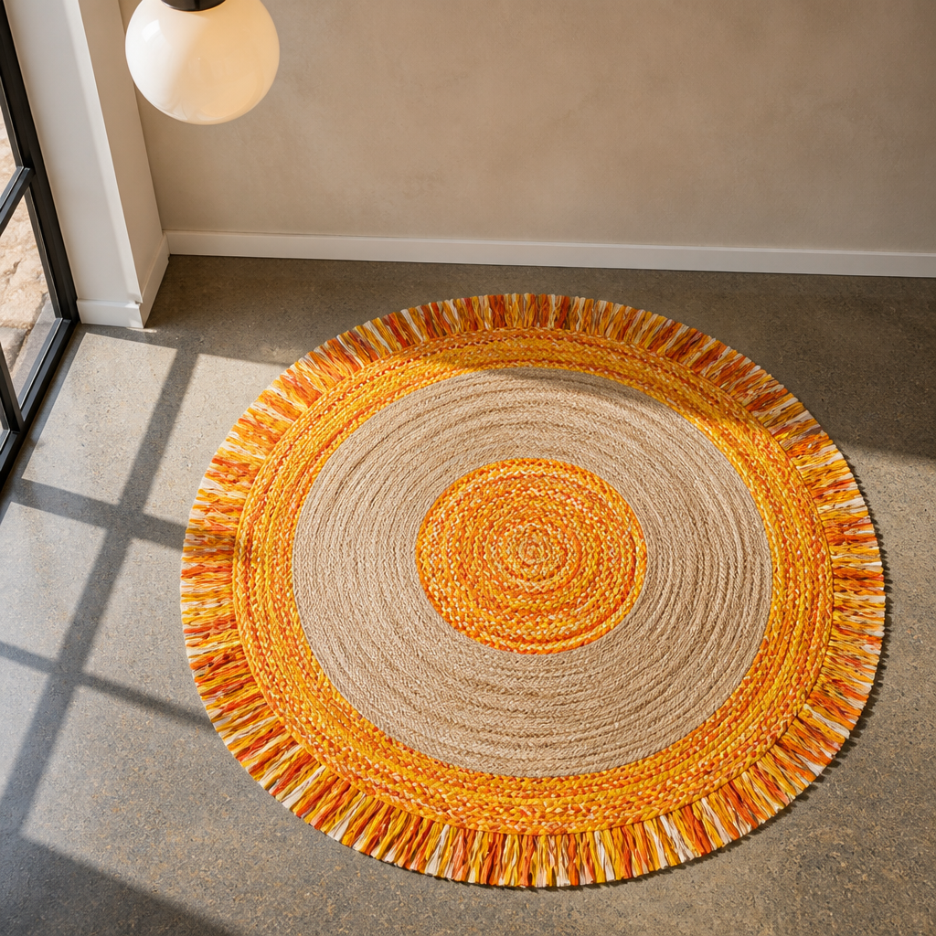 Cape boho round jute and cotton rug in gold and natural, 5 foot diameter