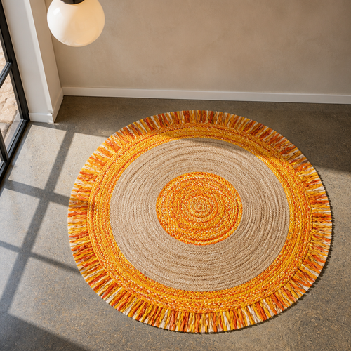 Cape boho round jute and cotton rug in gold and natural, 5 foot diameter