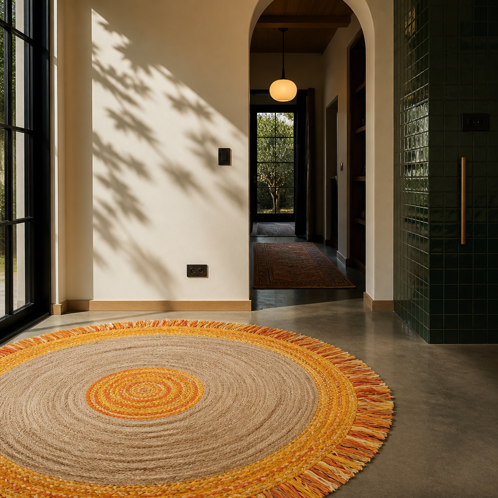 Cape boho round rug on polished concrete beneath an arched opening
