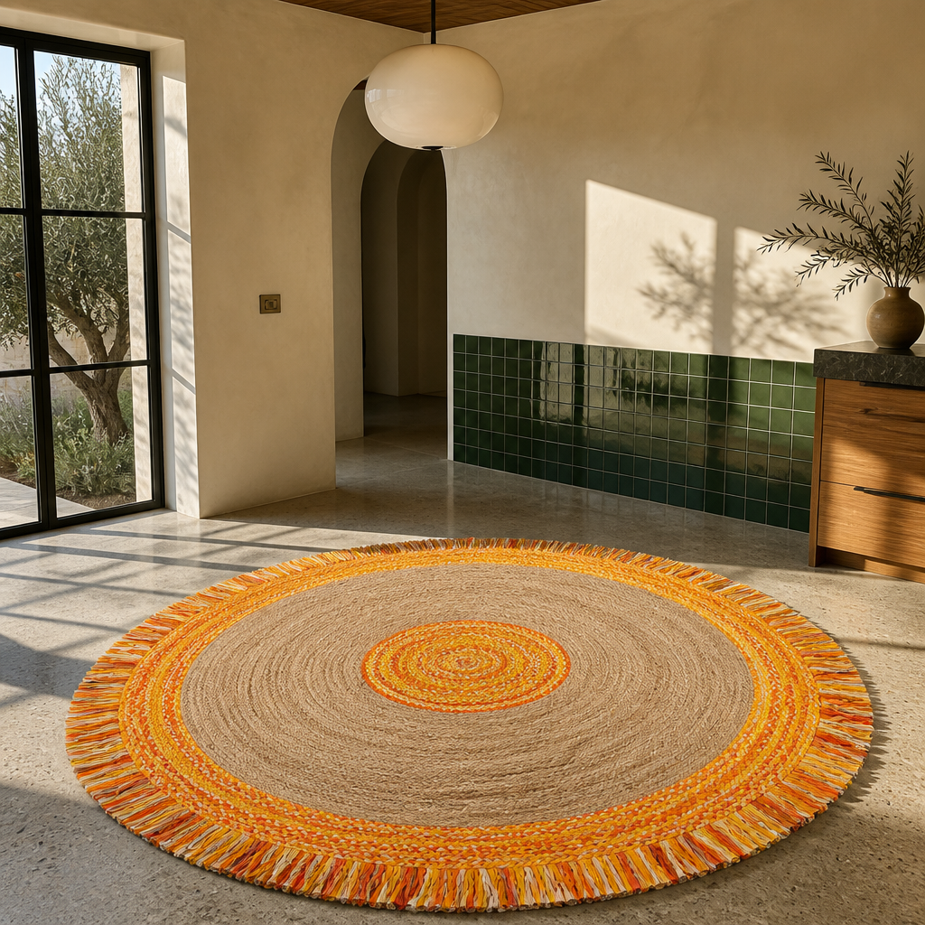 Cape boho round rug in a Mediterranean room with zellige tile and olive tree