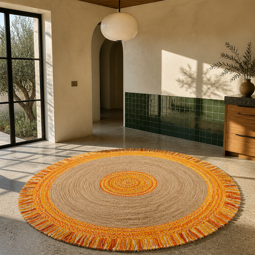 Cape boho round rug in a Mediterranean room with zellige tile and olive tree