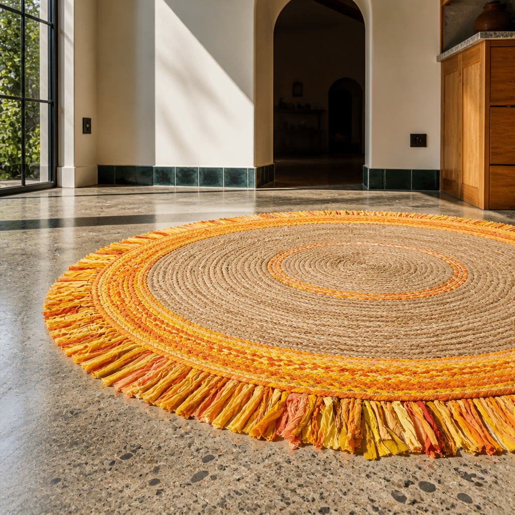 Low view of the Cape rug cut rag fringe and gold braided border
